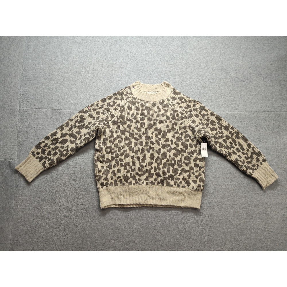 Old Navy Women Sweater XS Beige Gray Animal Print Crew Neck Ribbed Logo Outdoor